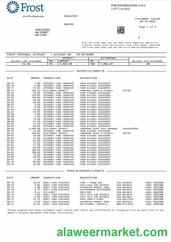 USA Frost Bank statement Word and PDF template
